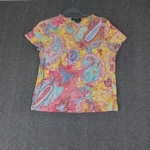 LAUREN RALPH LAUREN WOMENS MULTICOLOR PAISLEY 100% COTTON SHORT SLEEVE TSHIRT PM